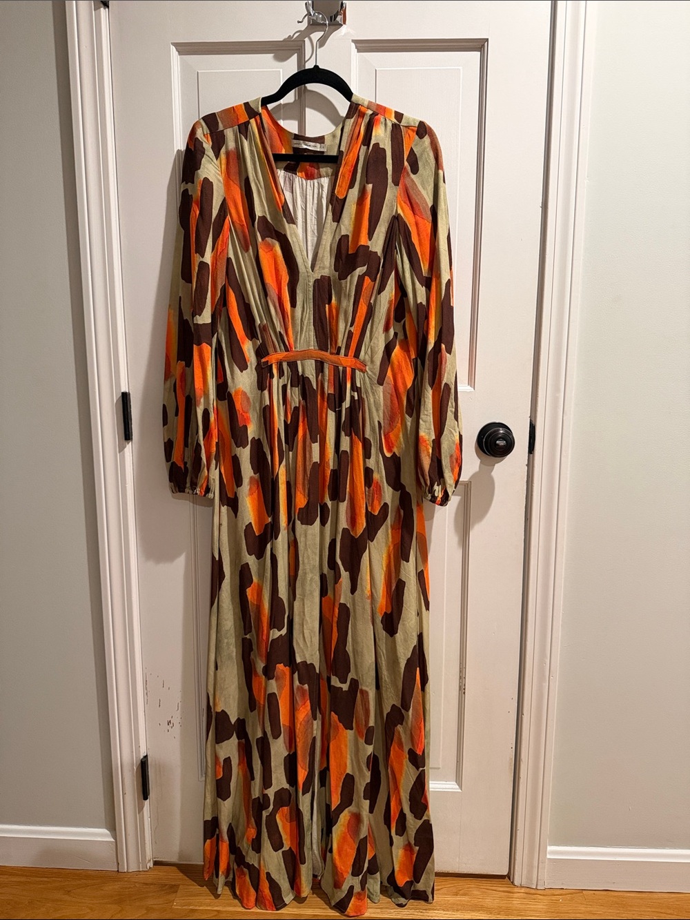 Lennny Niemeyer Brazil Long Sleeve V-Neck Maxi Dress in Orange and Brown Print